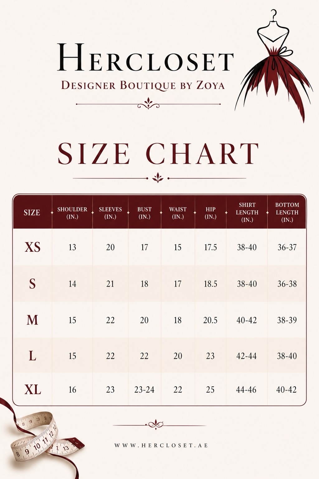 Hercloset Size Chart